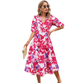 thumbnail image 1 of Vestido Floral con Escote en V para Mujer, Verano 2025, Moderno, Bohemio, Plisado, con Mangas Abullonadas. Rosa Púrpura M, 1 of 5