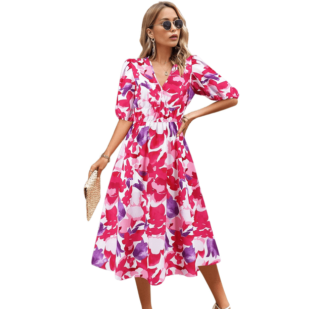 Vestido Floral con Escote en V para Mujer, Verano 2025, Moderno, Bohemio, Plisado, con Mangas Abullonadas. Rosa Púrpura L