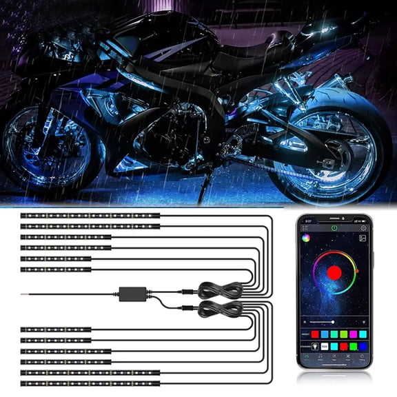 AUTOXBERT 12PCS Motorcycle Underglow RGB LED Strip Motorcycle Light Kit Bluetooth APP Control Waterproof (6.8/8.9/12.8 in)