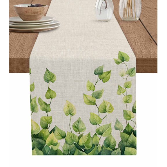 Vintage Green Leaves Table Runner 70 Inches, Farmhouse Pastoral Spring Leaf Bed Runner Dresser Scarves Tabletop for Indoor Outdoor Parties/Ceremony/Banquet, 13" x 70"