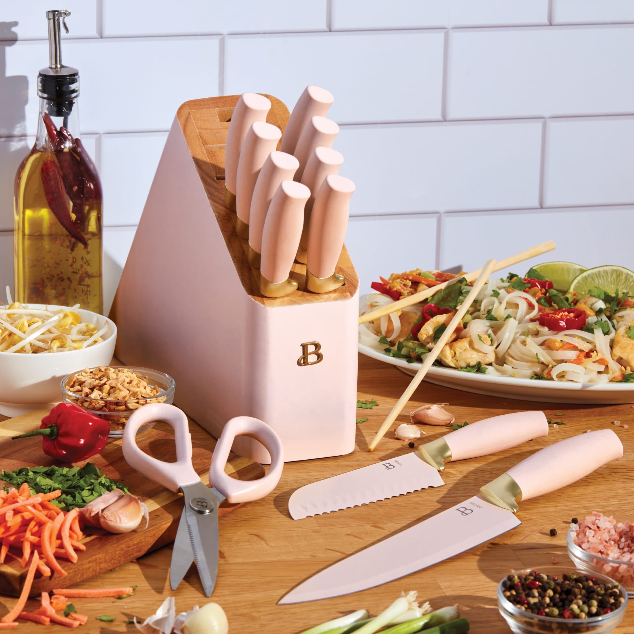 Beautiful 12 Piece Stainless Steel Knife Knife Set Block Soft Grip Handles Rose by Drew Barrymore