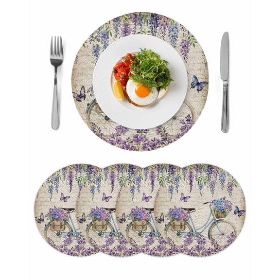 Purple Flowers Round 15 Inch Placemats Set of 4, Weeping Spring Floral Bicycle Retro Art HeatResistant Non Slip Place Mats for Dining Table, Wipeable Braided Kitchen Table Mats for Housewarming