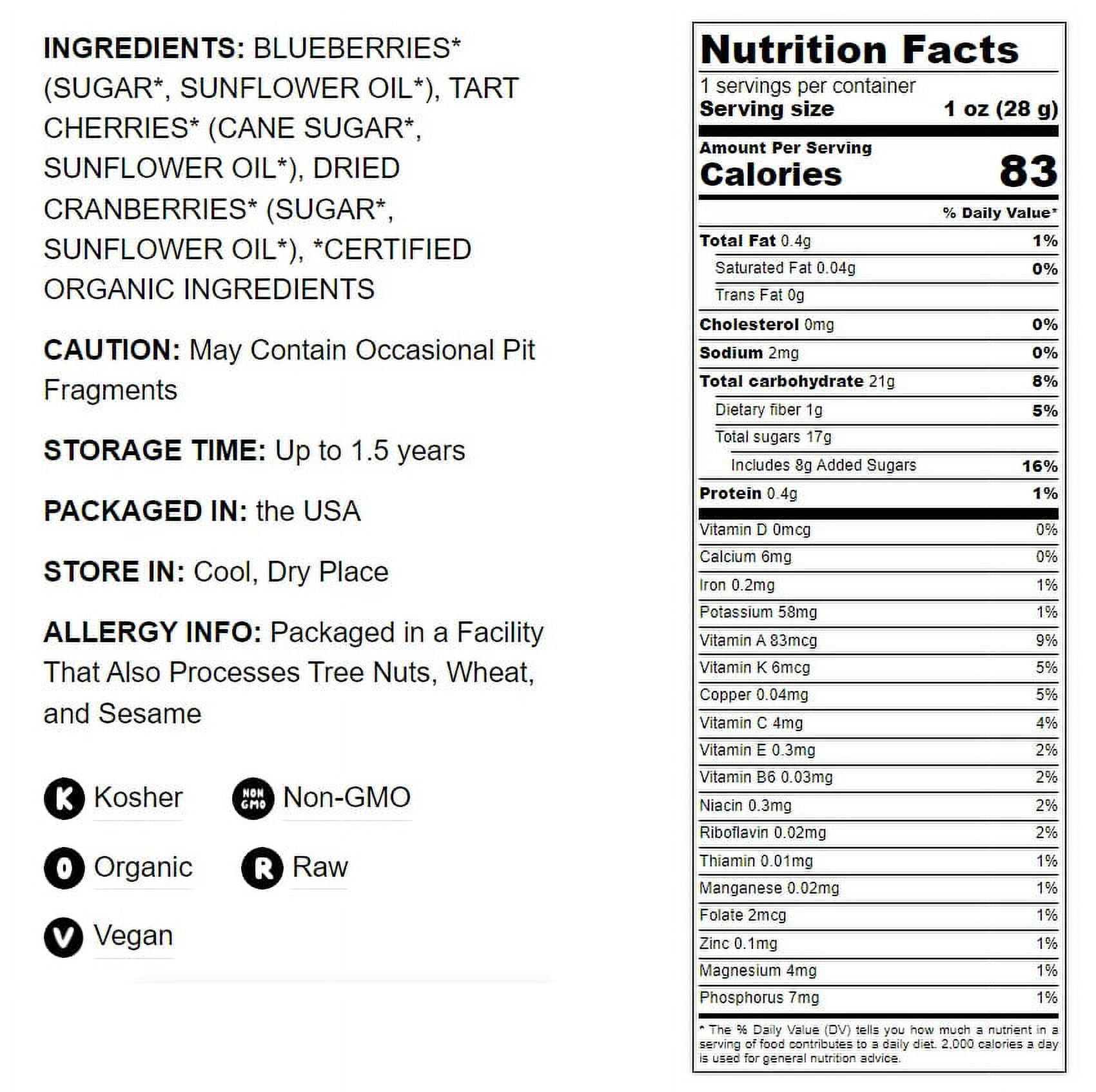 Organic Mixed Berries, 1 Pound – Non-GMO, Blueberries, Cranberries, Tart Cherries – by Food to Live