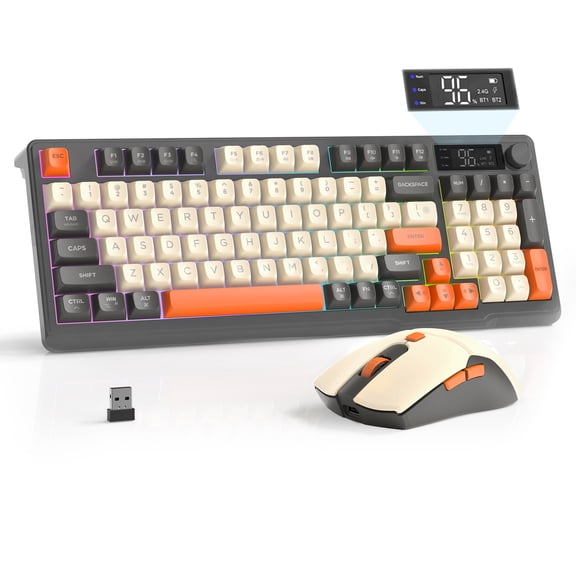 T96 Smart Display Wireless Gaming Keyboard and Mouse Comb, 94Key LED Lighting Rechargeable Silent Membrane Keyboard with Knobs, 2000mAh Battery, 6-Button 4KDPI Mouse for Win/Mac(Glimmer)