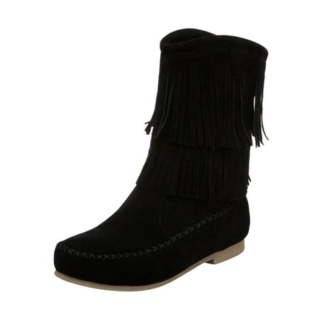 

Ankle Autumn Fashion Flat Thigh Boots Soft Warm Fringe Woman Winter Shoes Women s Boots Women Mid-Calf Boots PU Black