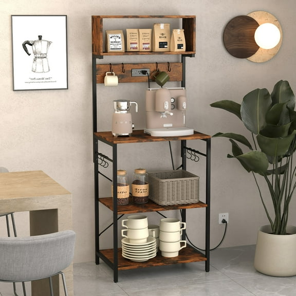 Giantex Bakers Rack w/Power Outlet, Kitchen Microwave Stand w/Hooks, Tall Kitchen Storage Shelf