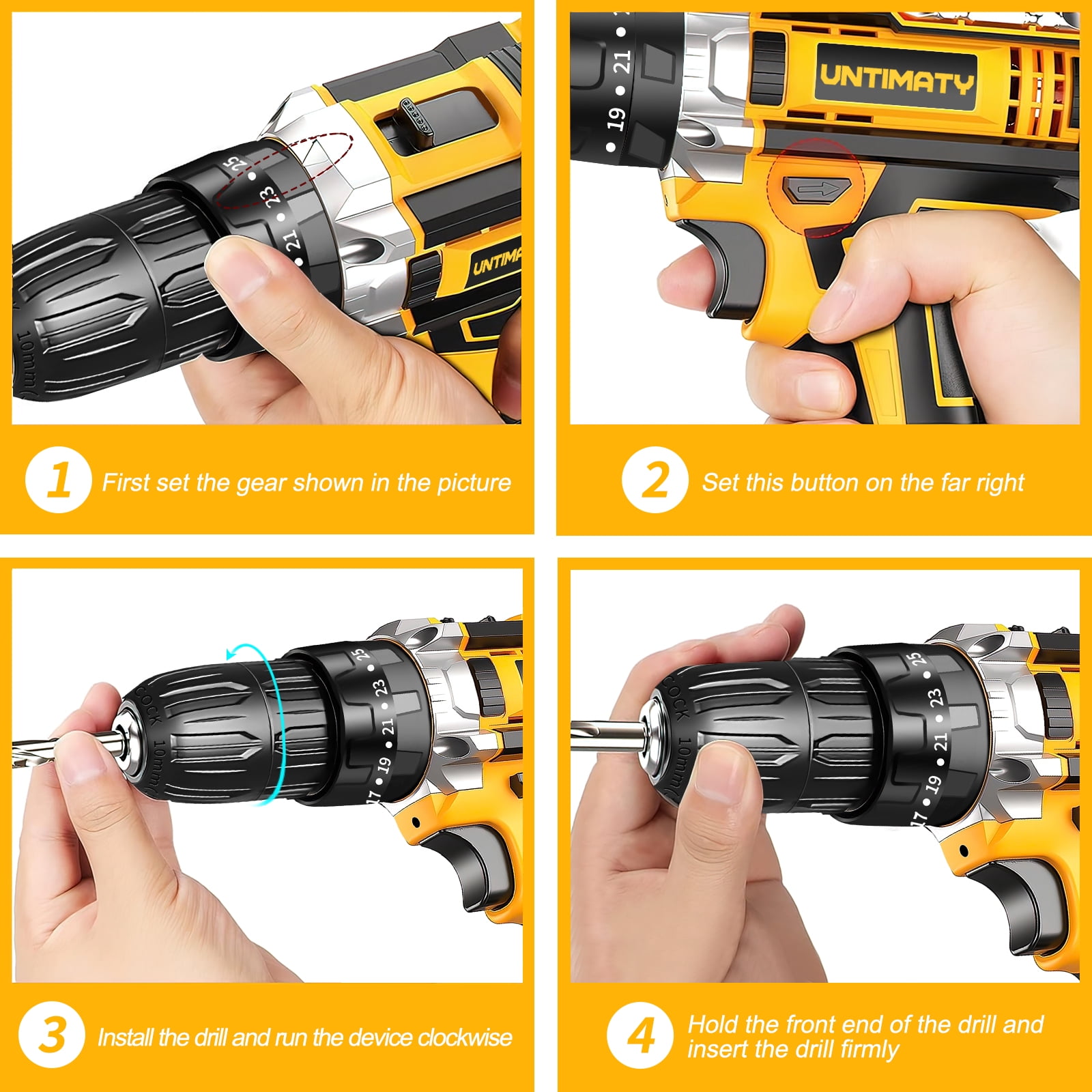 UNTIMATY 21V Cordless Power Drill Set, Power Drill Driver Kit with Lithium-ion Battery and Charger, 3/8-Inch Keyless Chuck, 2 Variable Speed, 25+3 Position and 33pcs Drill/Driver Bits