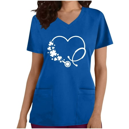 

Scrubs Tops for Women Heartbeat Graphic Printed Short Sleeve V-Neck Nurse Uniforms Soft Stretch Revolution Holiday Scrubs with Pocket