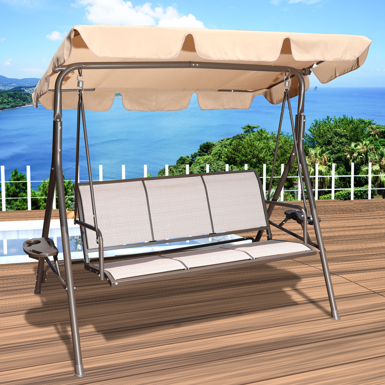 3 Person Beige Patio Swing Seat with Adjustable Canopy, All Weather Resistant Hammock Swinging Chair Bench - image 1 of 11