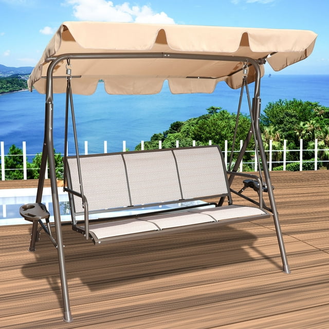 3 Person Beige Patio Swing Seat with Adjustable Canopy, All Weather Resistant Hammock Swinging Chair Bench