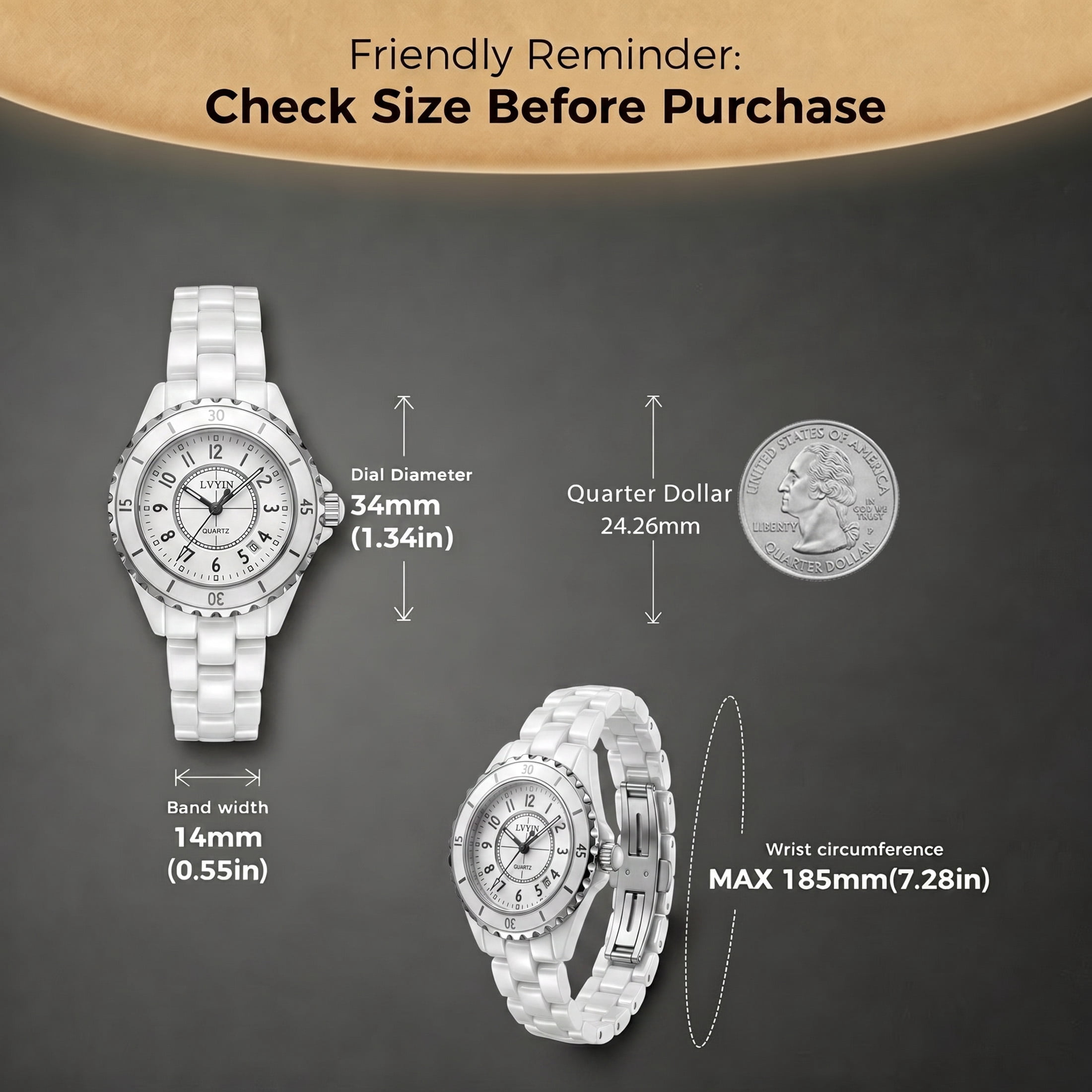 Ceramic Women's 35mm Quartz Watch White Dial Waterproof Bracelet Ladies Watch