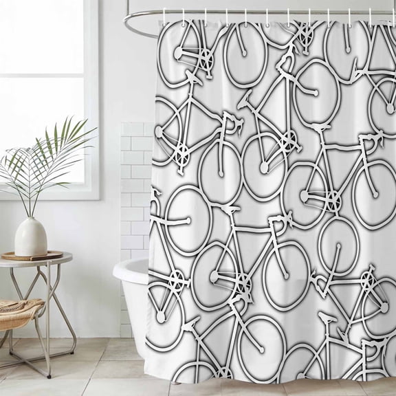 Bicycles Standard Shower Curtain Set, Waterproof Shower Curtains for Bathroom, Modern Simple Hand-drawn Vehicle Art Washable Fabric Cloth Bath Curtain for Bathtub Decoration with Hooks 72x72 Inches