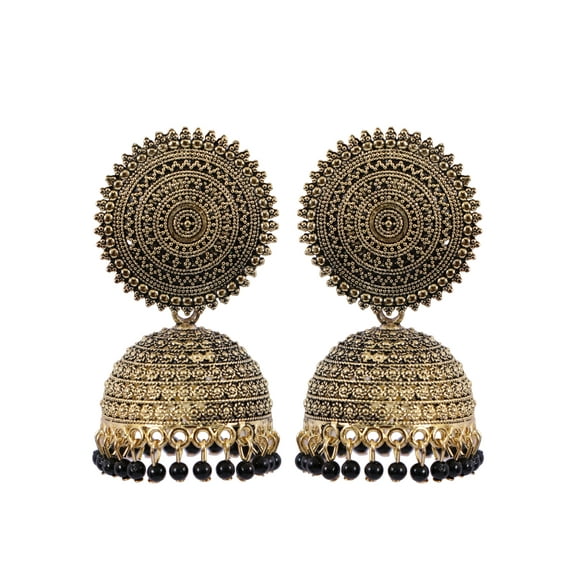 Crunchy Fashion Bollywood Jewellery Traditional Ethnic Bridal Bride Wedding Bridesmaid Oxidised Gold-Plated Round Shape Jhumka Earring with Black Pearls