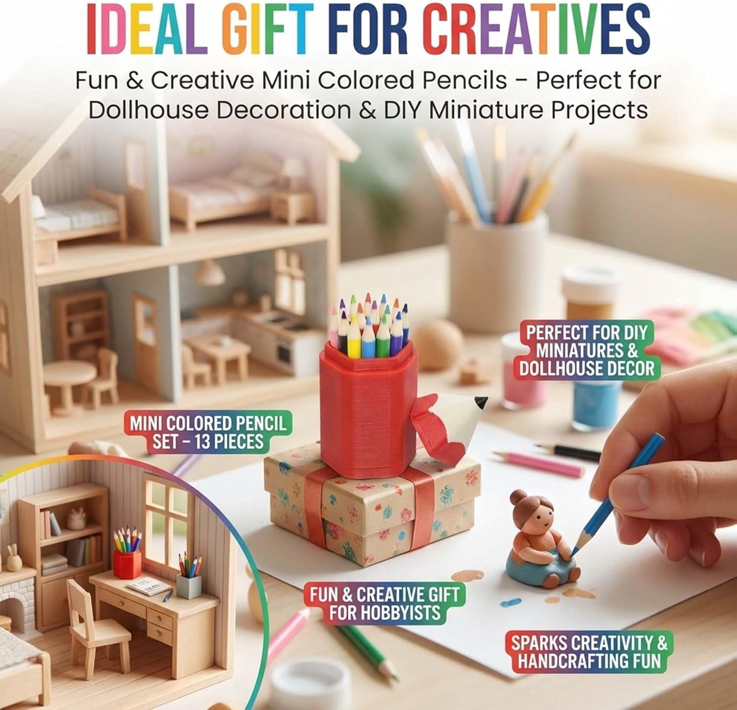 13-Piece Mini Colored Pencil Set for Dollhouse, Mini Desk Accessories for DIY Crafts