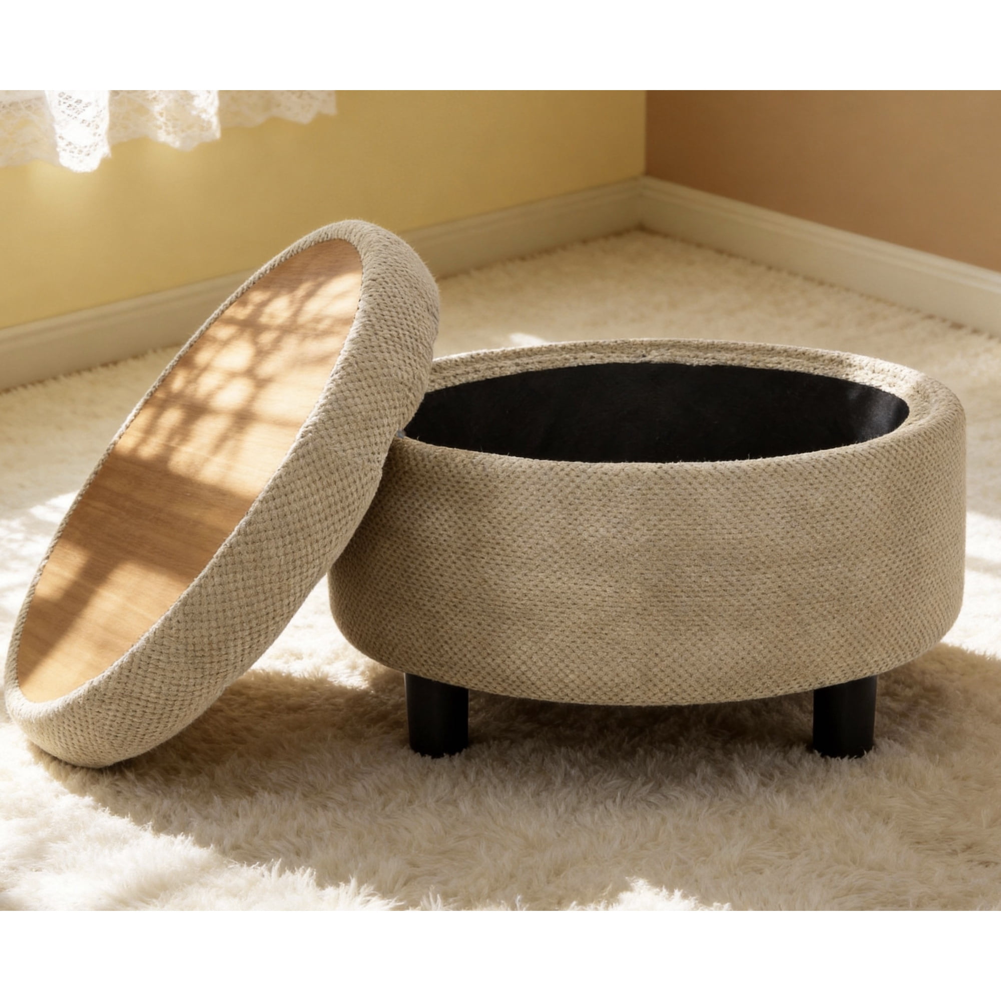 Leumius Storage Ottoman Bench,Round Coffee Table Ottoman,Wooden Top Side Table with Hidden Storage for Living Room,Bedroom,Camel