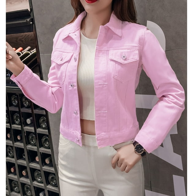 Tralilbee Nouvelle Mode Polyvalente Veste en Jean pour Femmes Couleur Bonbon Décontractée Courte