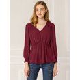 thumbnail image 2 of Blusa Top Cuello En V Color Sólido Manga Larga Volantes Para Mujeres Allegra K Rojo Oscuro XS, 2 of 6
