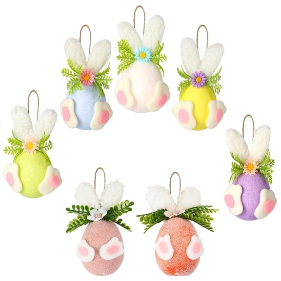 Twfbrm Easter Bunny Hanging Ornaments, Easter Decorations 4.7 inch Pastel Flocked Easter Eggs with Bunny Ears, Shatterproof Spring Decorative Plush Eggs Pendants for Tree, Wall, Doors & Mantels