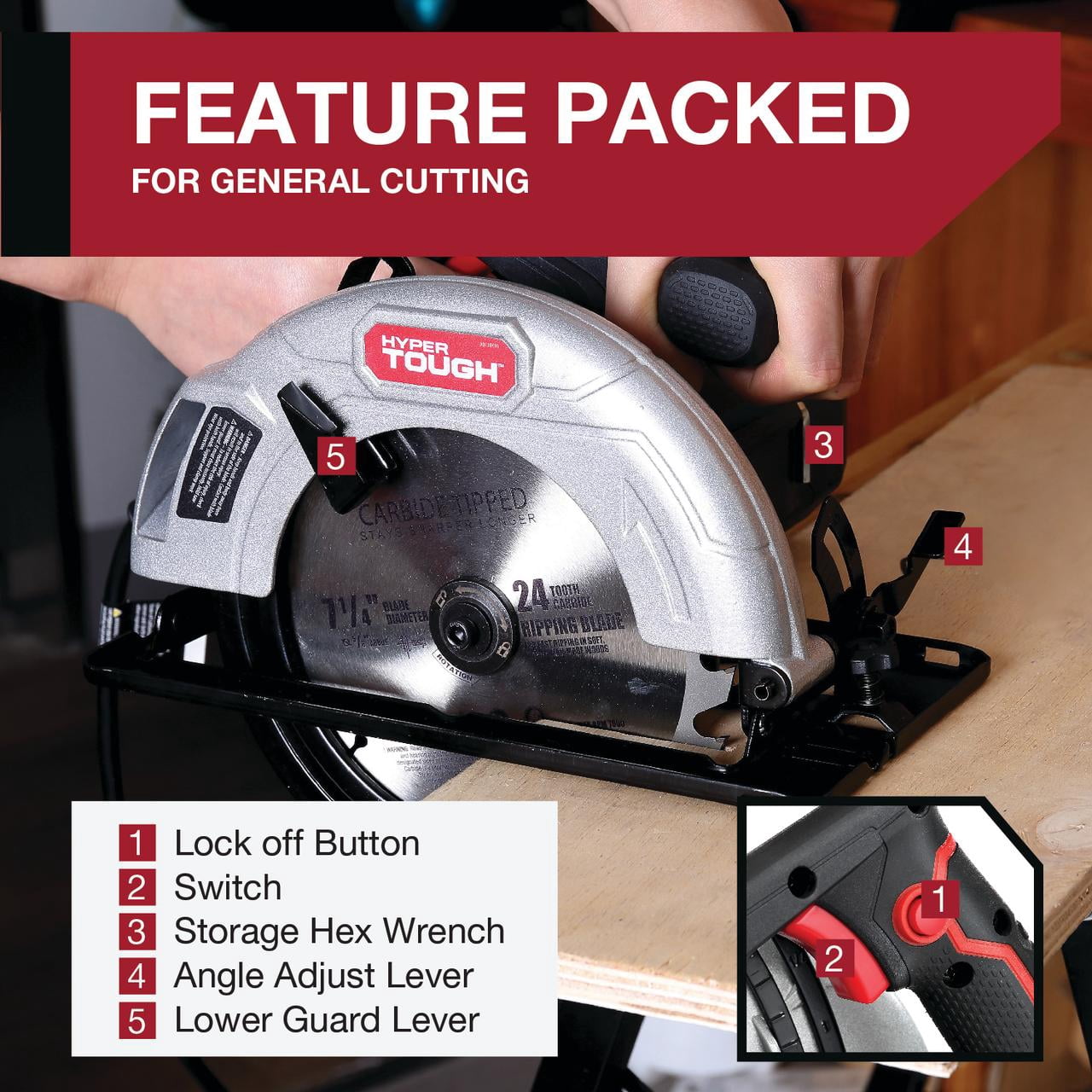 Hyper Tough 12 Amp Corded 7-1/4 inch Circular Saw with Steel Plate Shoe, Adjustable Bevel, Blade & Rip Fence