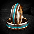 thumbnail image 7 of Rose Gold Wedding Band Ring for Men Black Tungsten Carbide Iridescent Crushed Blue Opal Inlay Two Koa Wood Inlays, 7 of 7