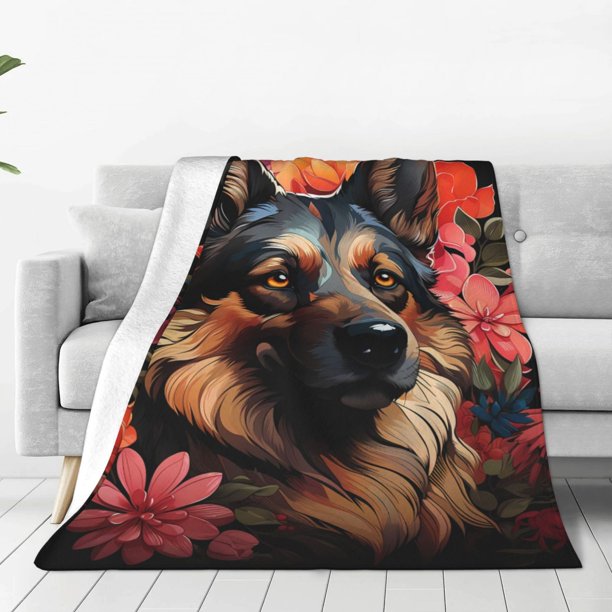 Fotbe Colorful Flower German Shepherd Manta de Franela Acolchonada con Estampado, Súper Suave y Esponjosa, Extra Grande para Sofá, Cama, Uso Todo el Año-60"x50"