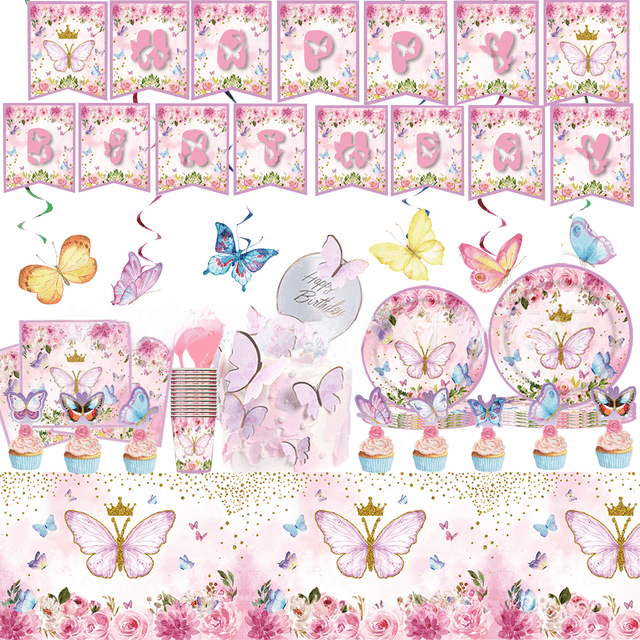 Fiesta del té de primavera Mariposa Decoración de fiesta temática de mariposa Traje Vaso de papel desechable Bandeja de papel Mesa de pañuelos