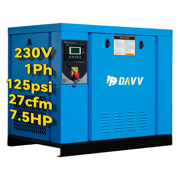 HPDMC 7.5HP Rotary Screw Air Compressor, 230V 1-Phase 27 CFM @ 125 PSI, Industrial Oil-Lubricated Air Pump with Intelligent Controls & Sound-Reducing Design, 39x30x43 inches