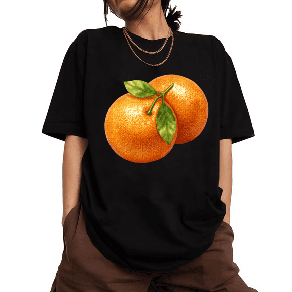 UNISHE Women's Realistic Two Fresh Orange With Green Leaves Graphic Short Sleeve T-Shirt S-5XL Black Tops