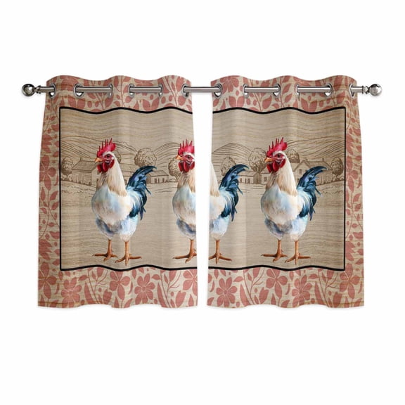 Farmhouse Roosters Kitchen Curtains Window Panels, Vintage Farm Chicken Pink Leaves Insulated Window Treatment Curtain, Grommet Curtains for Bedroom/Living Room/Bathroom, 2 Piece 52"Wx45"L