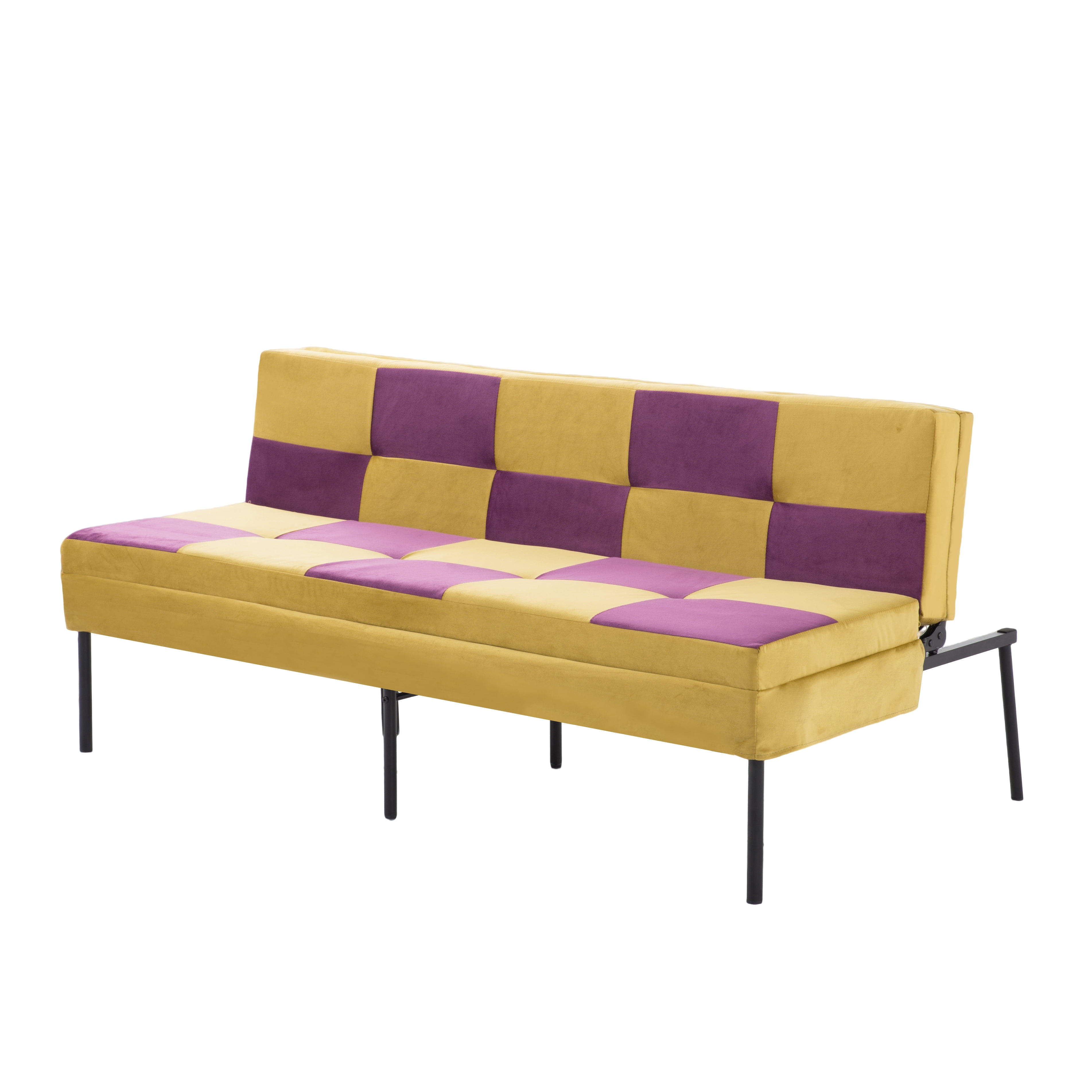BSHTI 63.39" Velvet Convertible Futon Sofa Bed with 5-Position Adjustable Backrest , Twin Size Couch Sleeper Sofa for Living Room, Bedroom, Dormitory Purple&Yellow