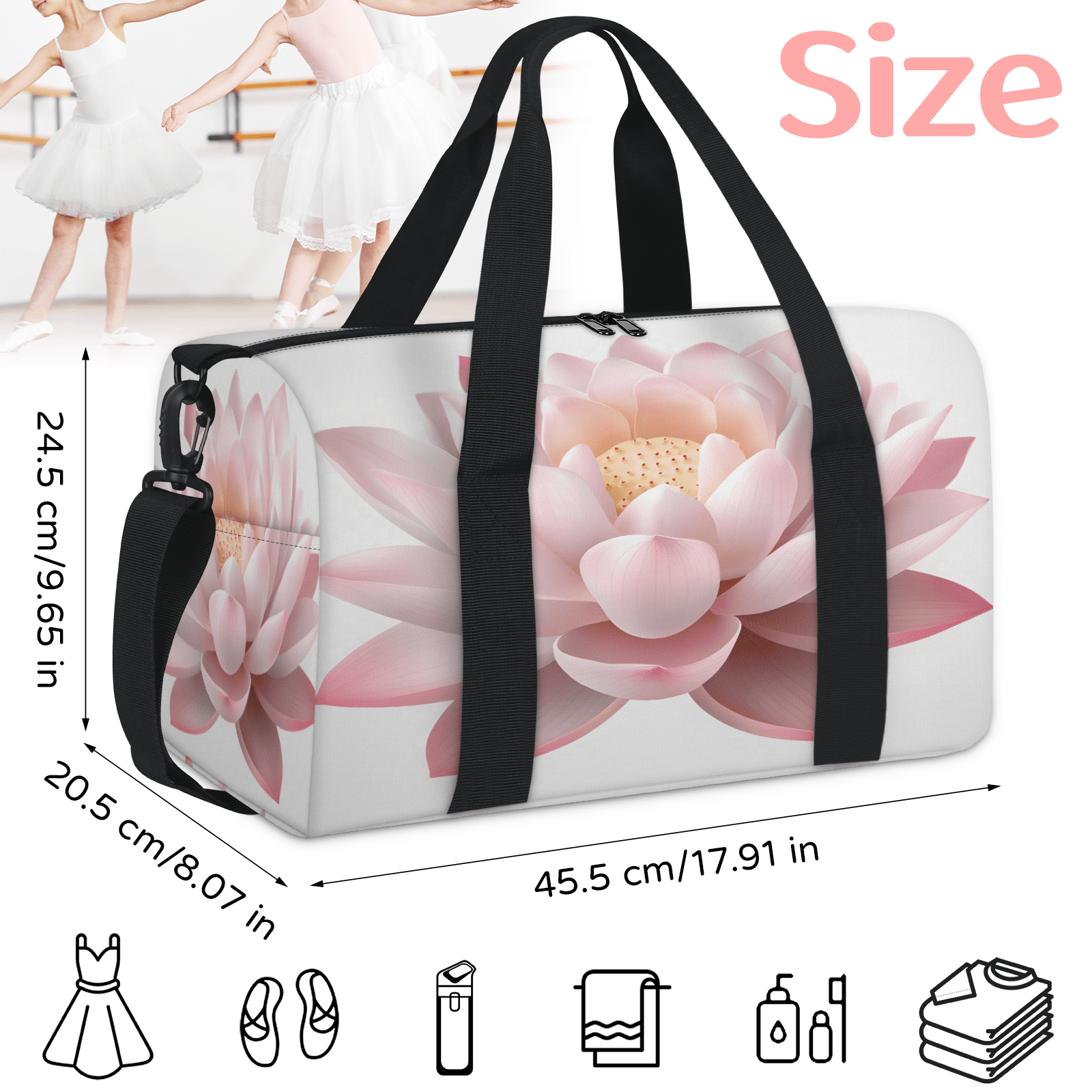 Herdesigns Lotus Travel Duffle Bag Sports Yoga Weekender Overnight Carry on Workout Bags Lightweight Waterproof Gym Tote Bag for Women Pink Floral