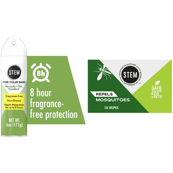 STEM Bug Spray, Mosquito And Tick Repellent For Your Skin, Fragrance-Free, 6 oz STEM Repels Mosquitoes: Mosquito Repellent Wipes, Fresh, 0.157 oz, 10 Count