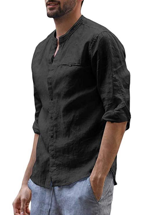 YUSKY Men Linen Solid Color Casual Loose Long Sleeve Button Down Shirts