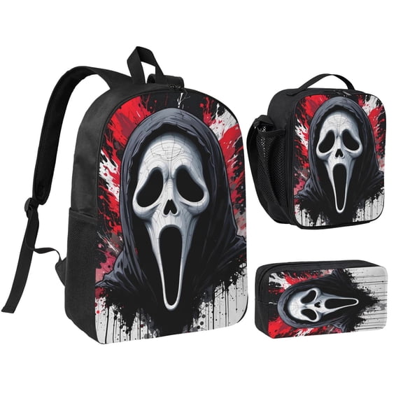3 Piece High Capacity Bookbag Scream Ghostface Backpack Set Travel Knapsack with Lunch Box Pencil Case