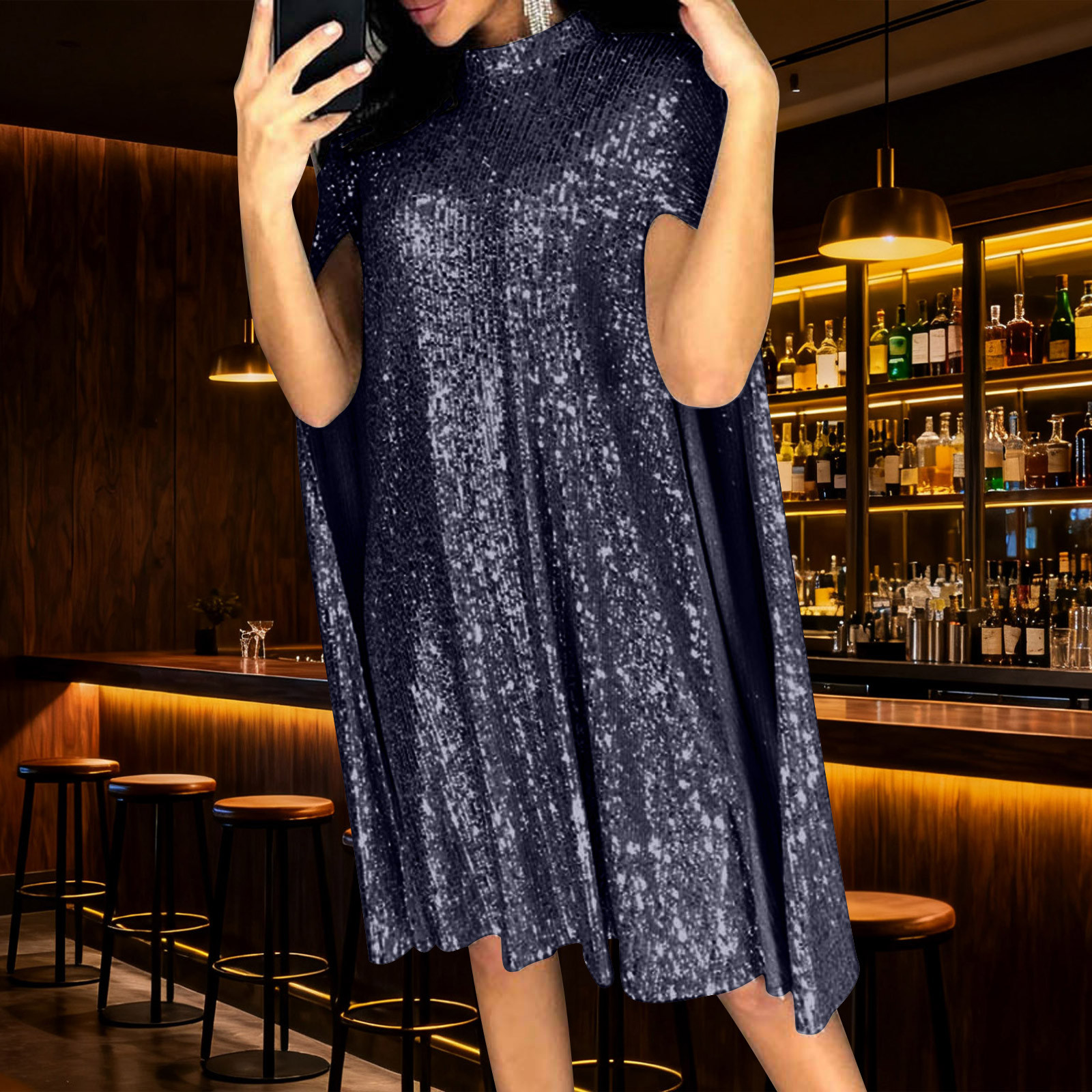 JGGSPWM Women's Sleeveless Solid Color Sequin Elegant Temperament Dress Long Sleeve Shiny Gold Cocktail Party Short Dress Blue M