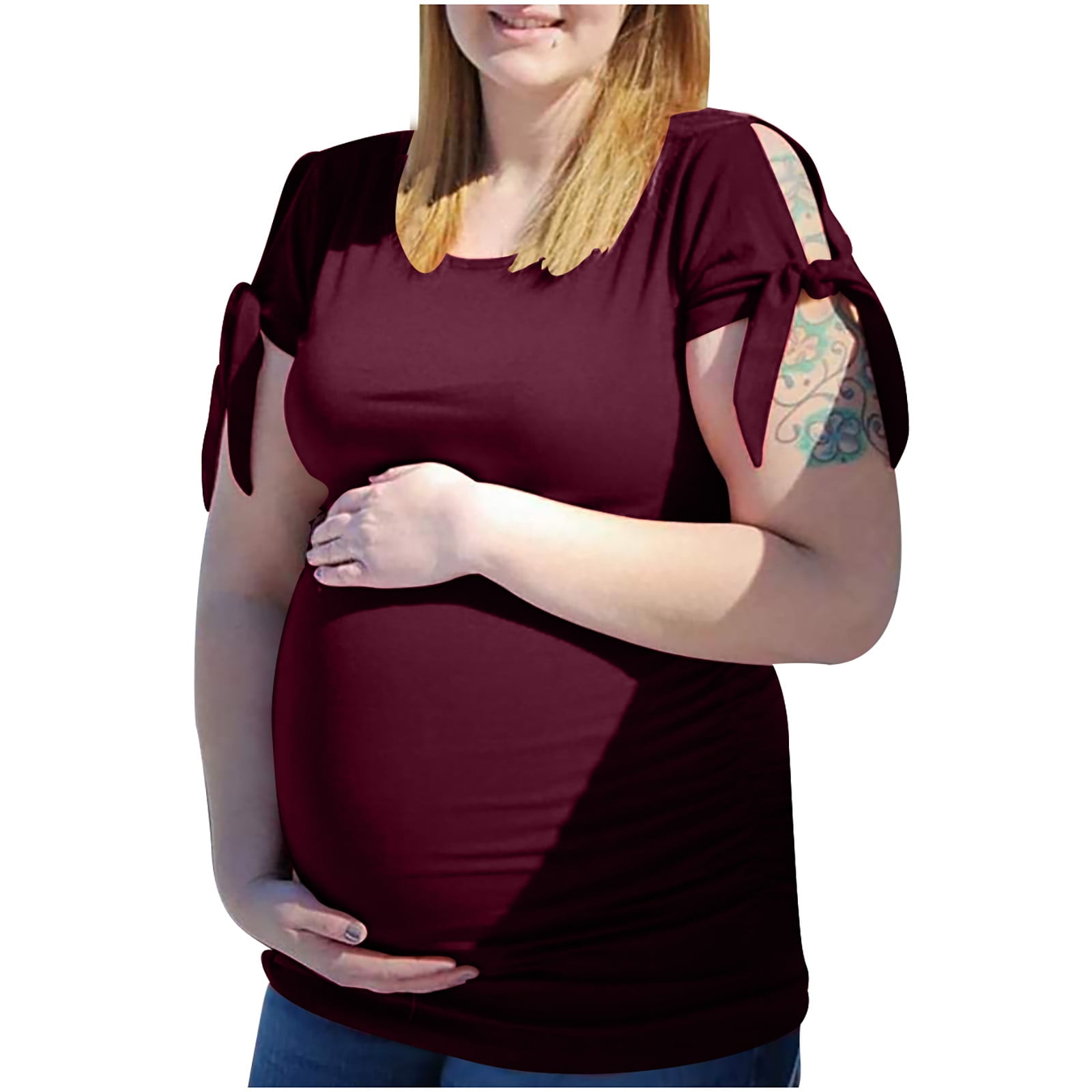 Soft Stretchable fabric with Side Ruched Tunic Pregnancy Top Clothes Women's Maternity Shirt Short Sleeve 