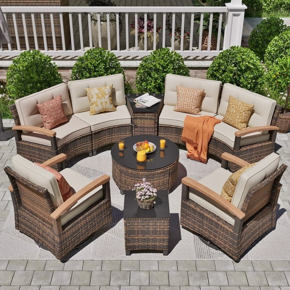 MEISSALIVVE 9-Piece Outdoor Patio Furniture Set, Half-Moon Curved Rattan, 2 Wood Armrest Swivel Chairs, Round Coffee Table & Side Tables(Brown)
