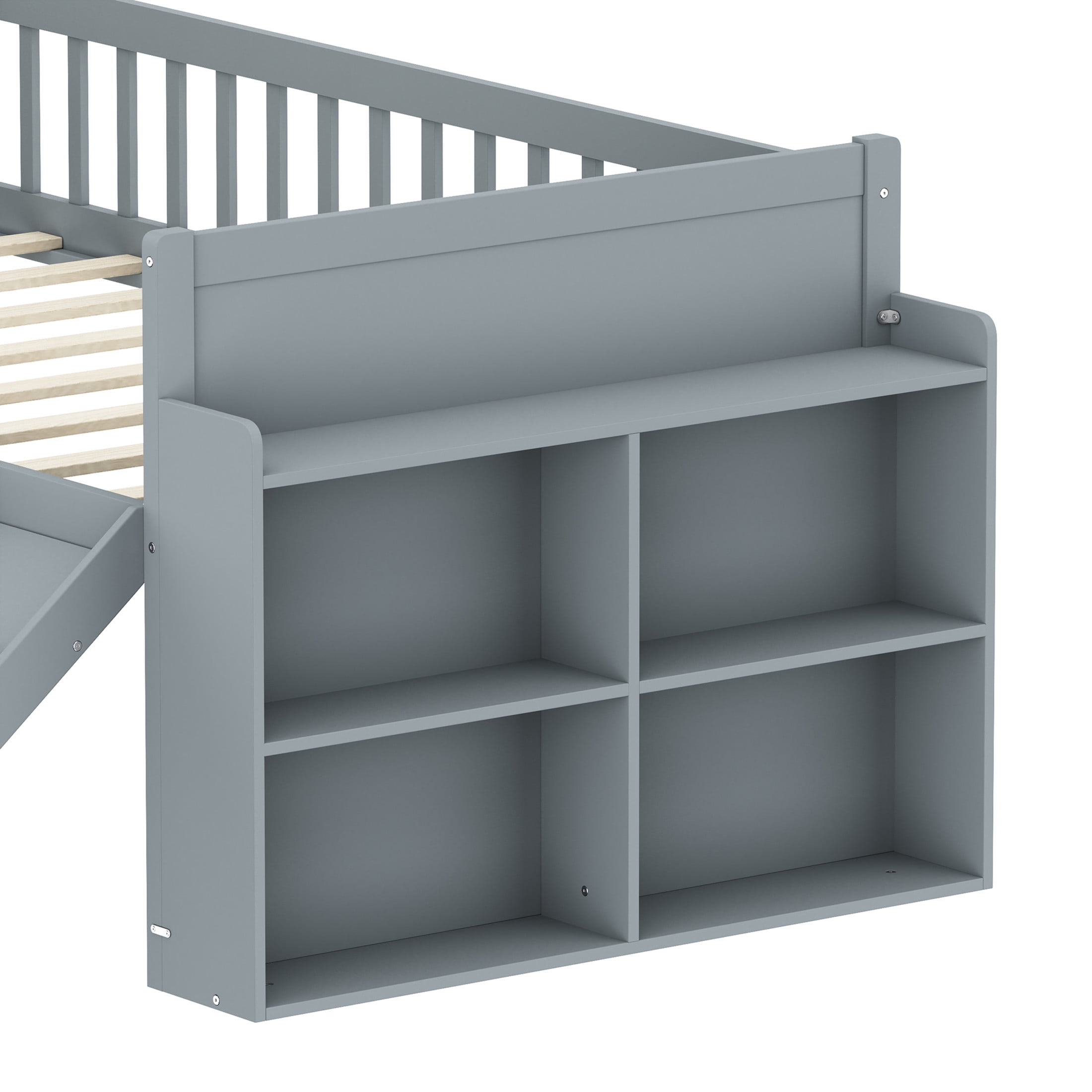 Noble House Twin Bed Frame with Storage Shelf, Platform Bed with Slide and Guardrail, Gray