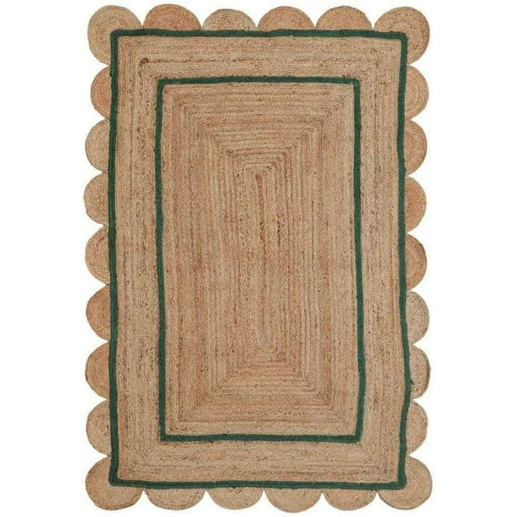 Indian Handmade Braided Natural Jute With Green Color Jute Design Area Rugs , Scalloped Rugs , Home Décor Natural Jute Rugs & Carpet Size , 5 x 5 Feet ( 150 cm x 150 cm )Square