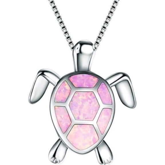 White Gold Plated Simulated Opal Small Turtle Pendant Statement Necklace