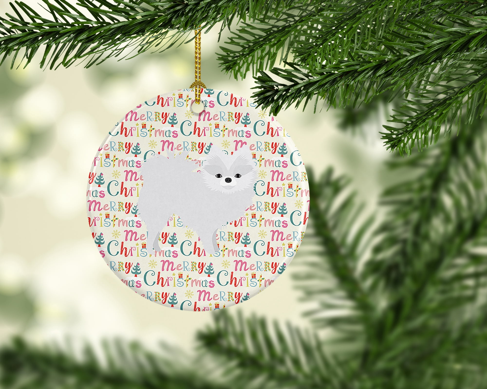 White Pomeranian Merry Christmas Ceramic Ornament 2.8 in x 2.8 in