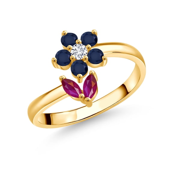 Gem Stone King 18K Yellow Gold Plated Silver Red Ruby Blue Sapphire and White Lab Grown Diamond Flower Open Ring for Women (2.33 Cttw, Gemstone July Birthstone, Size 5)