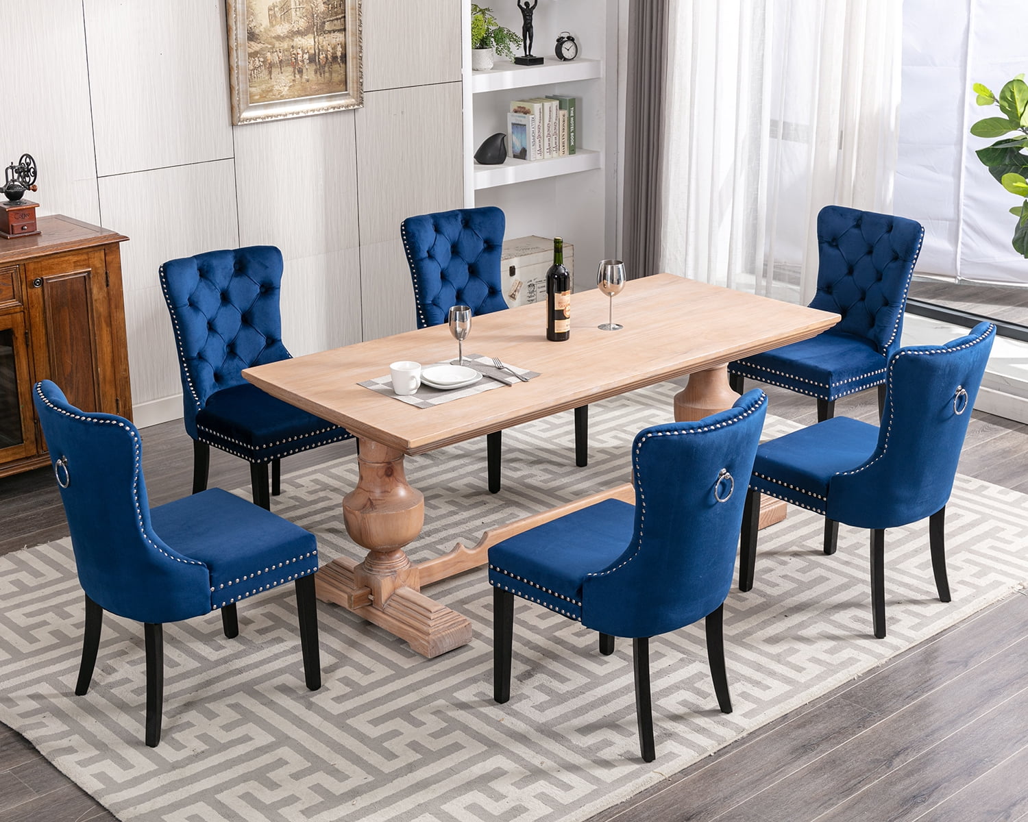 Velvet Dining Chairs Set of 4, Upholstered High-end Tufted Dining Room Chair with Nailhead Back Ring Pull Trim Solid Wood Legs, Contemporary Nikki Collection Modern Style for Kitchen, Blue