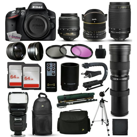 Nikon D3200 DSLR Digital Camera + 18-55mm VR + 6.5mm Fisheye + 55-300mm VR + 420-1600mm Lens + Filters + 128GB Memory + Action Stabilizer + i-TTL Autofocus Flash + Backpack + Case + 70" Tripod
