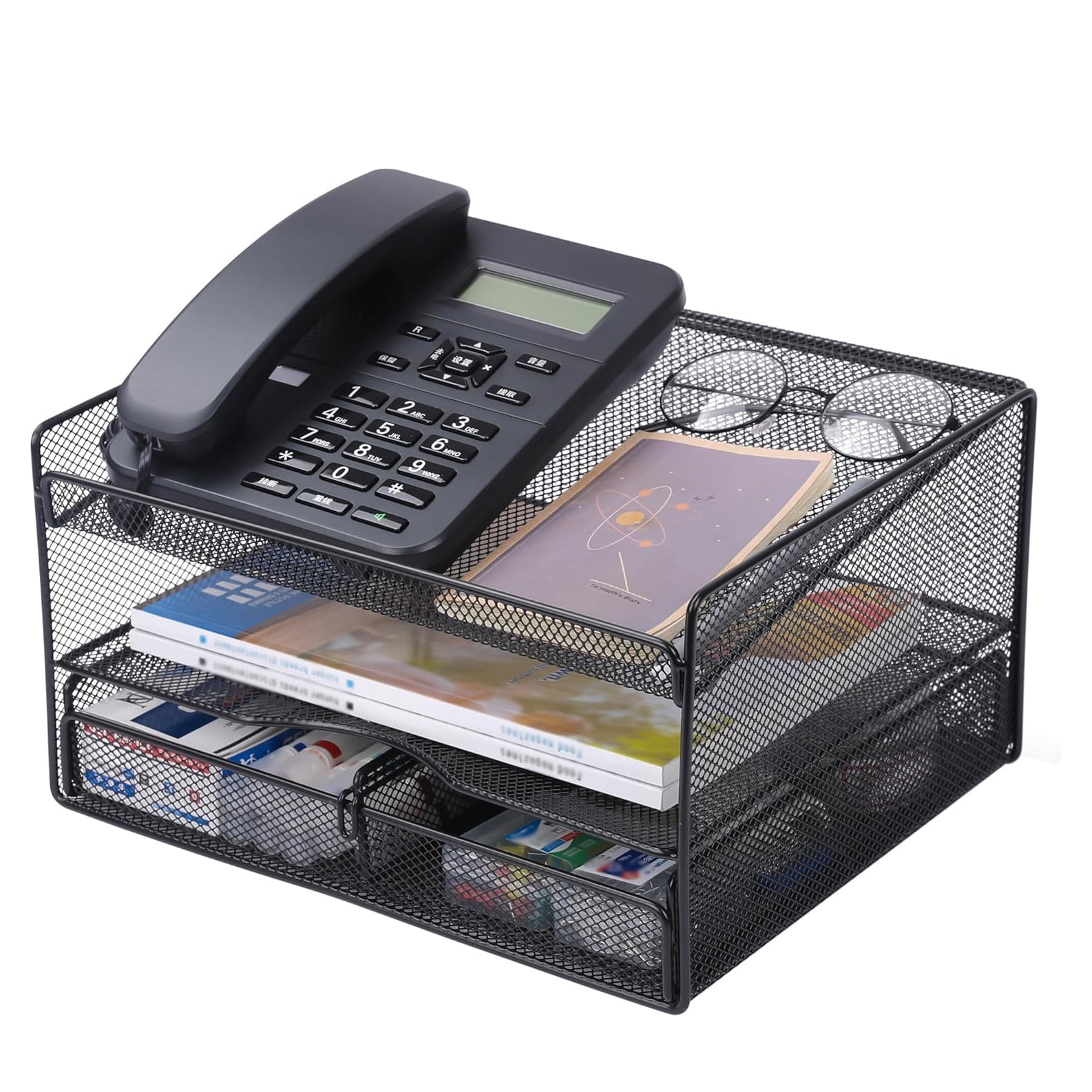 EasyPAG Adjustable Mesh Desk Organizer Tray - Removable Dividers, Multi-Purpose Storage Caddy for Office, Classroom, Home (12.2×10.16×6.69in)