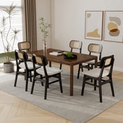 Guyou Rattan Dining Chairs Set of 2, Farmhouse Black Wooden Dining Side Chairs, Mid Century Modern Linen Upholstered Kitchen Chairs with Cane Back for Dining Room Kitchen Living Room, Beige