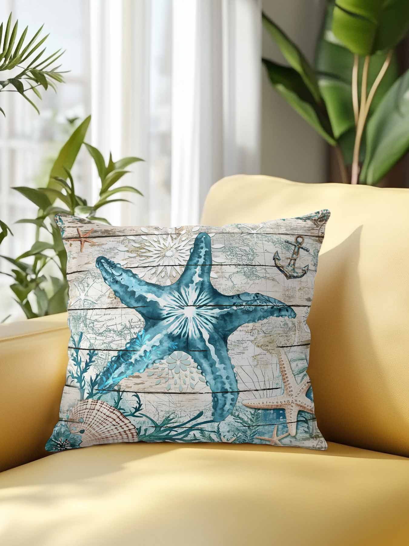 Outdoor Pillows Waterproof, Teal Starfish Coastal Bedding Throw Pillows with Insert for Couch Sofa Bed, Summer Beach Nautical Retro 16x16 Inch Pillowcases Decorative Camping Patio Pillow Set of 1