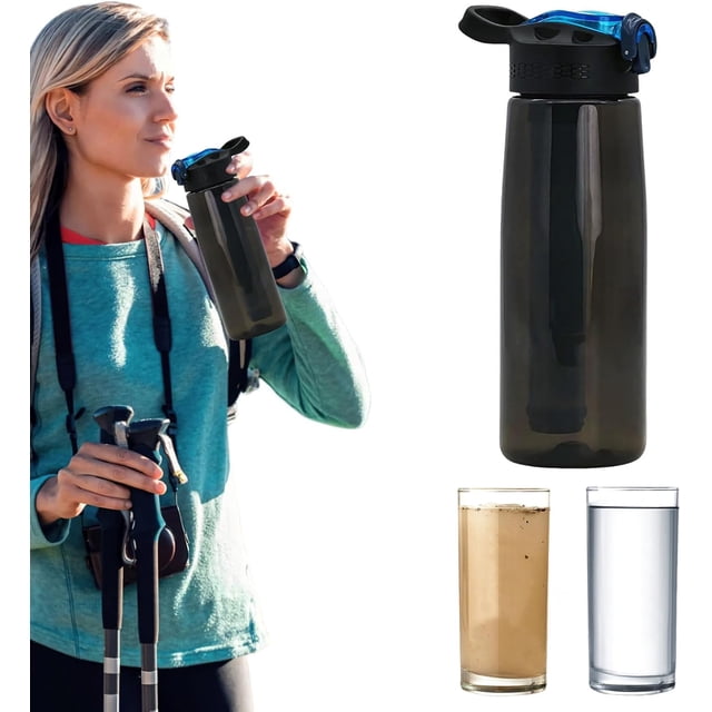 Botella de agua filtrada de 650 ml, botella de agua filtrada Tritan sin A con filtro reutilizable portátil para viajes, camping, senderismo (negro)