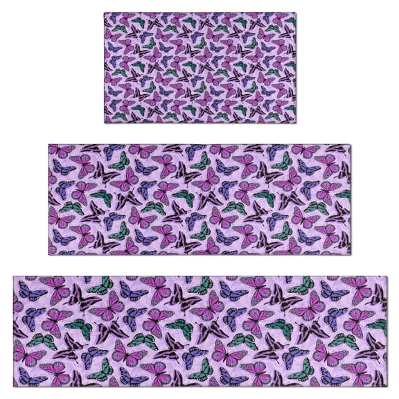 Purple Butterfly Pattern Kitchen Rugs Sets Of 3,Kitchen Runner Rugs Non Skid Washable,Decorative Kitchen Floor Mats for Kitchen,Sink,Laundry,17"x30"  17"x47"   17"x59"