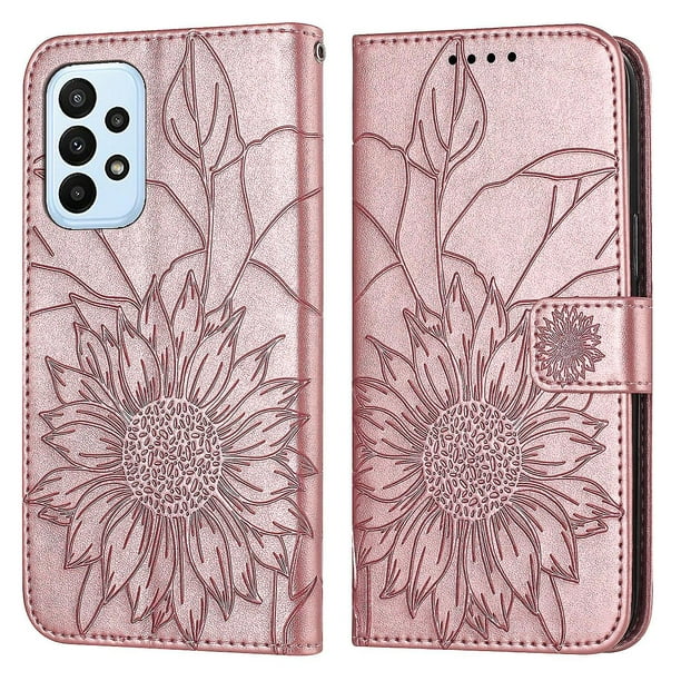 Funda tipo cartera con girasoles grabados para Samsung A32 4g, multifuncional, elegante y con protección total.